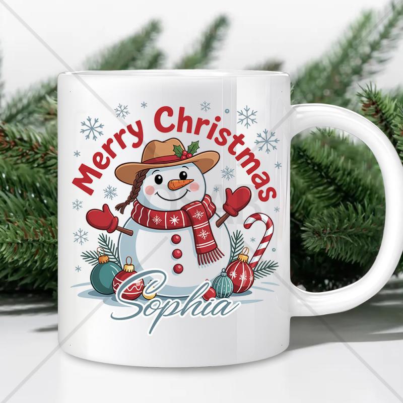 Tailorly White Ceramic 11 oz Mug - Merry Christmas Sophia Festive Winter Scene With Smiling Cowboy Hat Wearing Snowman