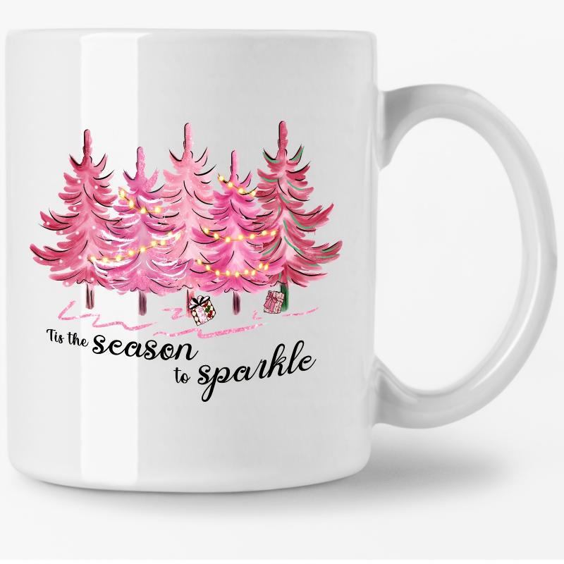 Tailorly White Ceramic 11 oz Mug - Tis The Season To Sparkle Five Pink Watercolor Christmas Trees With Twinkling Golden Lights And Gifts Tree