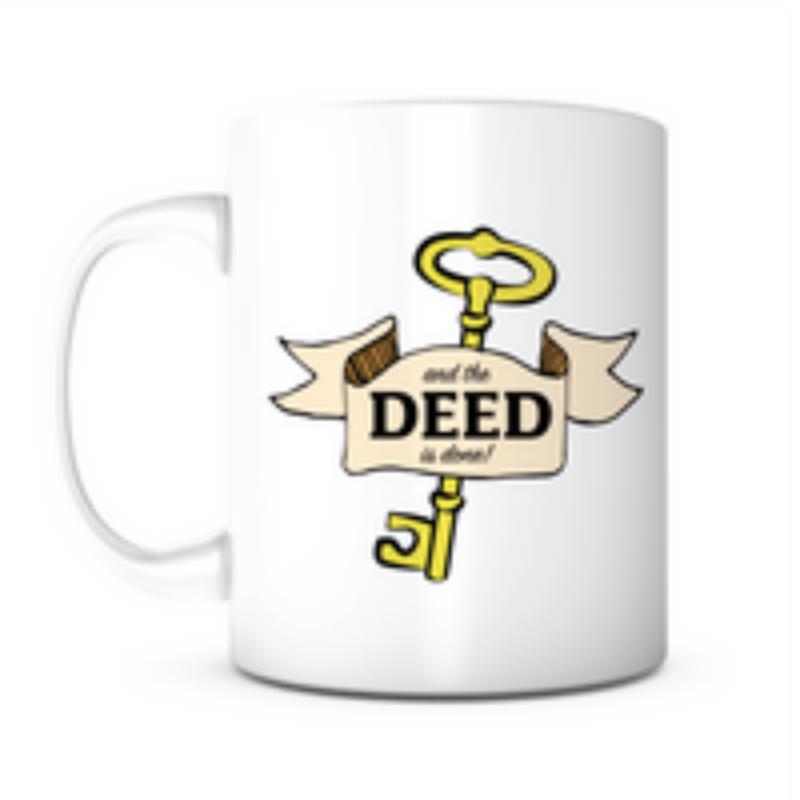 Tailorly White Ceramic 11 oz Mug - And The Deed Is Done Golden Vintage Skeleton Key Wrapped With A Classic Parchment Style Ribbon Key