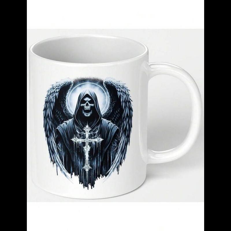 Tailorly White Ceramic 11 oz Mug - Dark Hooded Winged Reaper Wearing Ornate Cross Necklace Under Eerie Glow Skeleton
