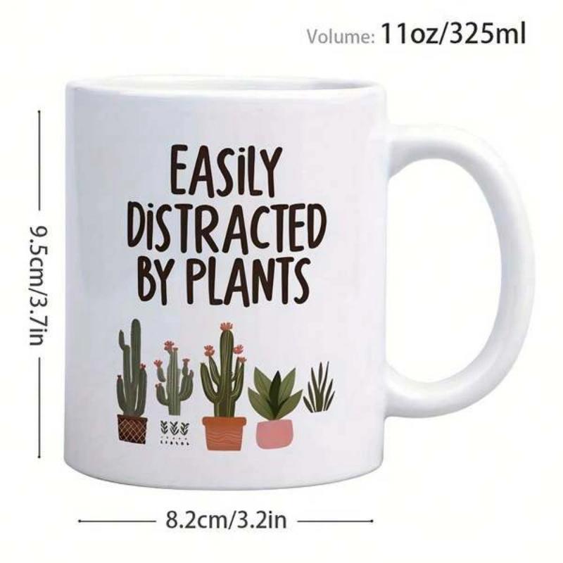 Tailorly White Ceramic 11 oz Mug - Easily Distracted By Plants Watercolor Potted Succulents And Green Cacti In A Decorative Line Cactus