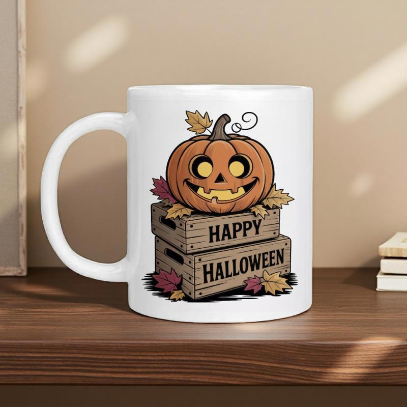 Tailorly White Ceramic 11 oz Mug - Happy Halloween Smiling Jack O Lantern Resting On Wooden Crates Amidst Autumn Leaves Pumpkin