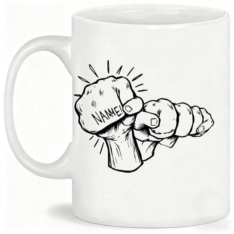 Tailorly White Ceramic 11 oz Mug - Name Hand Drawn Realistic Fists Bumping Together Under Radiant Energy Lines Fist