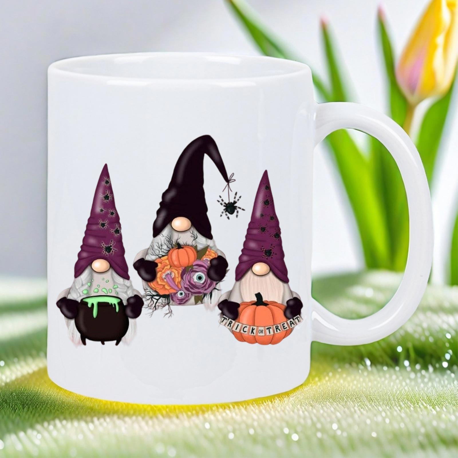Tailorly White Ceramic 11 oz Mug - Three Whimsical Halloween Gnomes Holding Pumpkins And Cauldron Among Spooky Webs Gnome