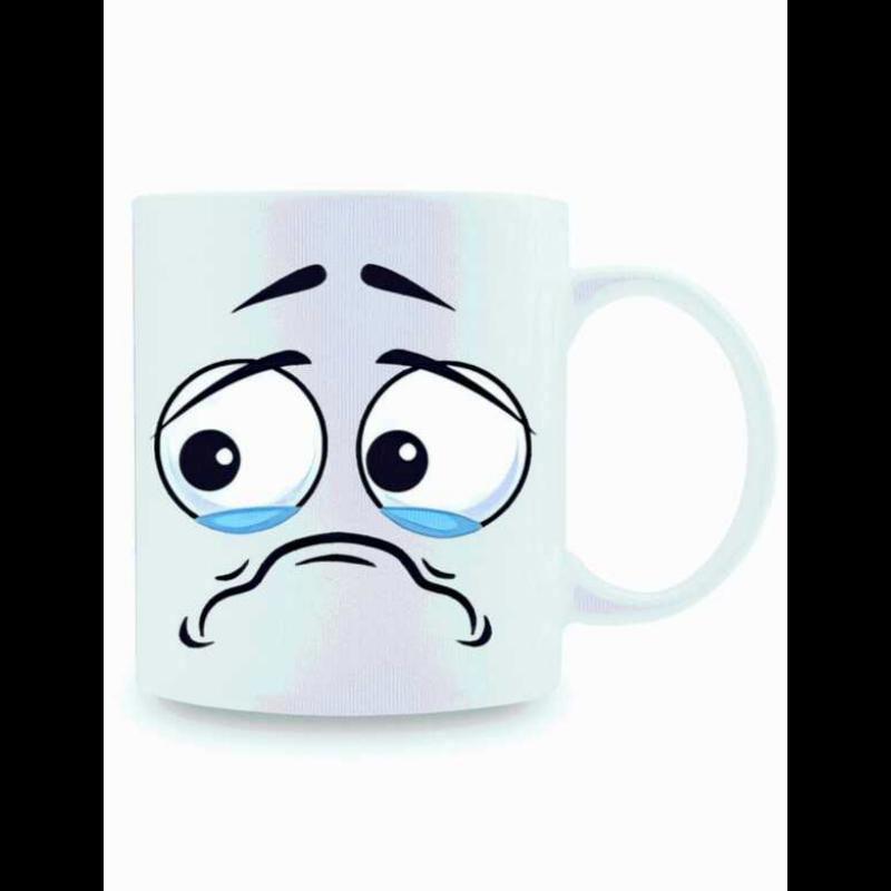 Tailorly White Ceramic 11 oz Mug - Sad Worried Cartoon Face With Large Blue Teary Eyes And Wavy Mouth Face