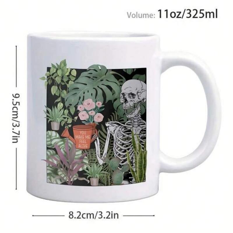 Tailorly White Ceramic 11 oz Mug - Lush Indoor Plants And Blooming Flowers With A Detailed Sitting Skeleton