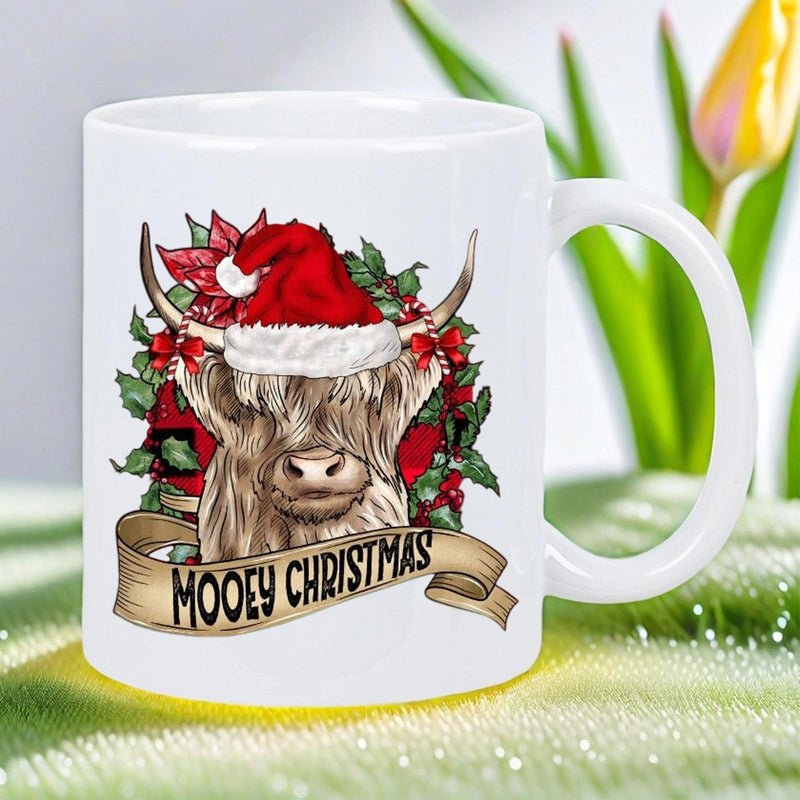 Tailorly White Ceramic 11 oz Mug - Mooey Christmas Festive Shaggy Highland Animal Wearing A Red Santa Hat Among Poinsettias Cow