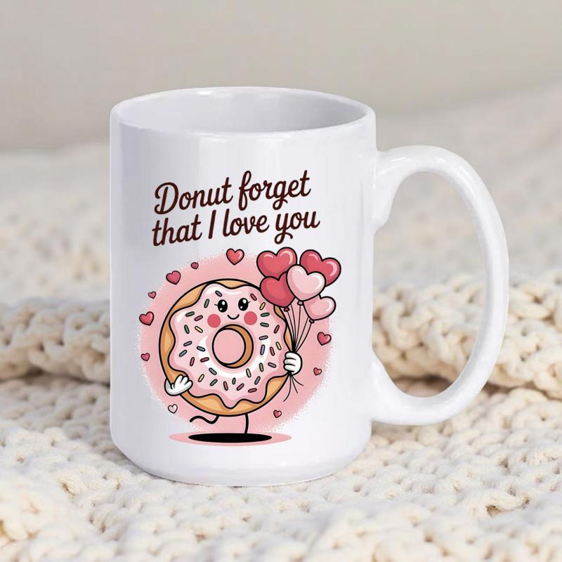 Tailorly White Ceramic 11 oz Mug - Donut Forget That I Love You Cute Cartoon Character Holding Heart Balloons Surrounded By Tiny Floating Hearts Donut
