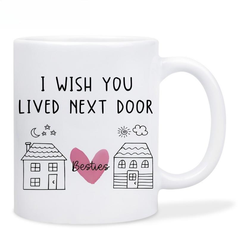 Tailorly White Ceramic 11 oz Mug - I Wish You Lived Next Door Besties Hand Drawn Houses With Moon And Sun Featuring Central Pink Heart Mug