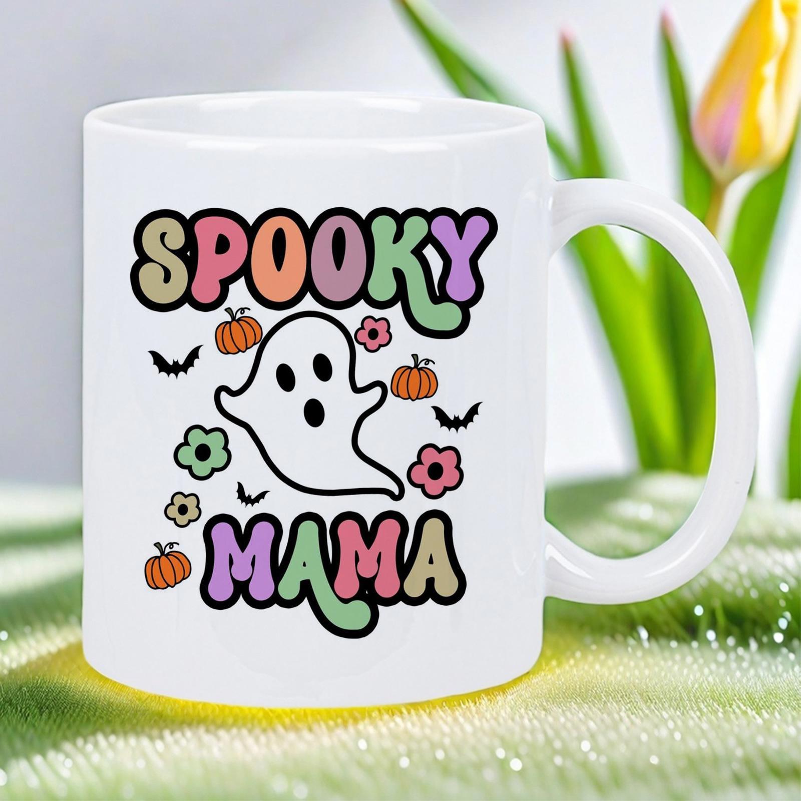 Tailorly White Ceramic 11 oz Mug - Spooky Mama Floating Friendly Cartoon Spirit Surrounded By Small Pumpkins And Flowers Ghost
