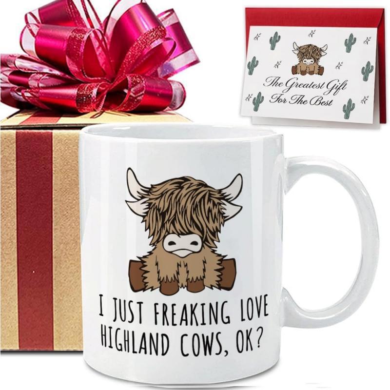 Tailorly White Ceramic 11 oz Mug - I Just Freaking Love Highland Cows OK Cute Brown Fluffy Cartoon Animal Sitting Peacefully In Simple Hand Drawn Style Cow