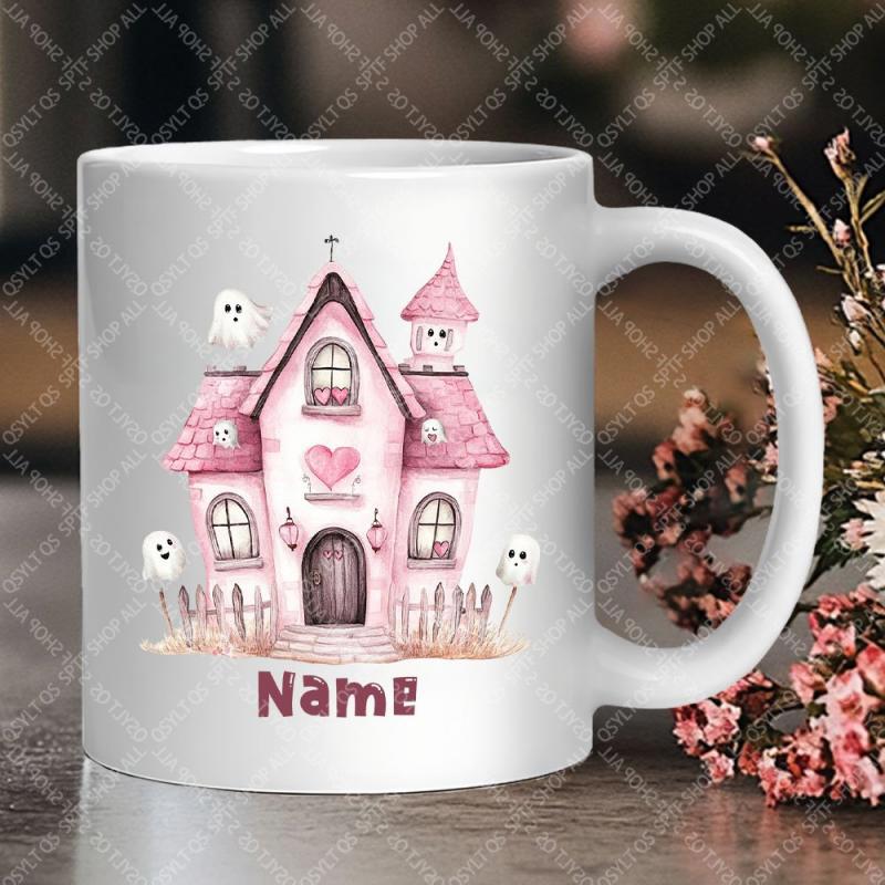 Tailorly White Ceramic 11 oz Mug - Name Whimsical Pink Watercolor Haunted House Surrounded By Friendly Little Ghosts House