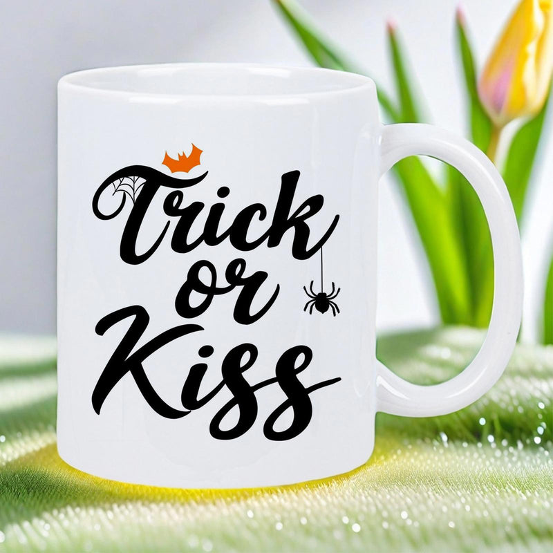 Tailorly White Ceramic 11 oz Mug - Trick Or Kiss Spooky Halloween Theme With Small Bat And Hanging Spider Mug