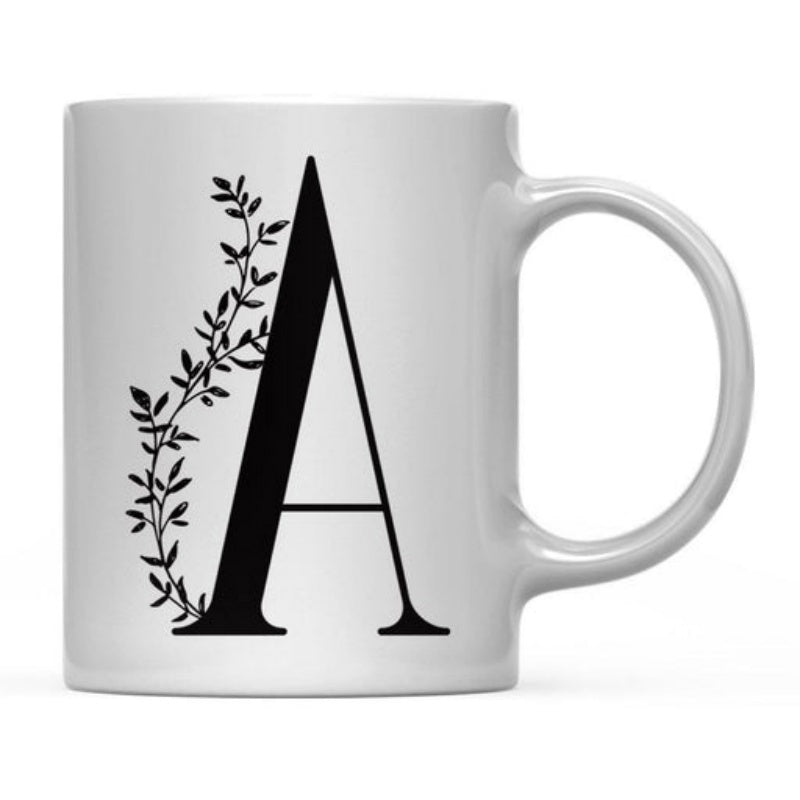 Tailorly White Ceramic 11 oz Mug - A Delicate Leafy Vine Branch Winding Around A Classic Serif Bold Initial