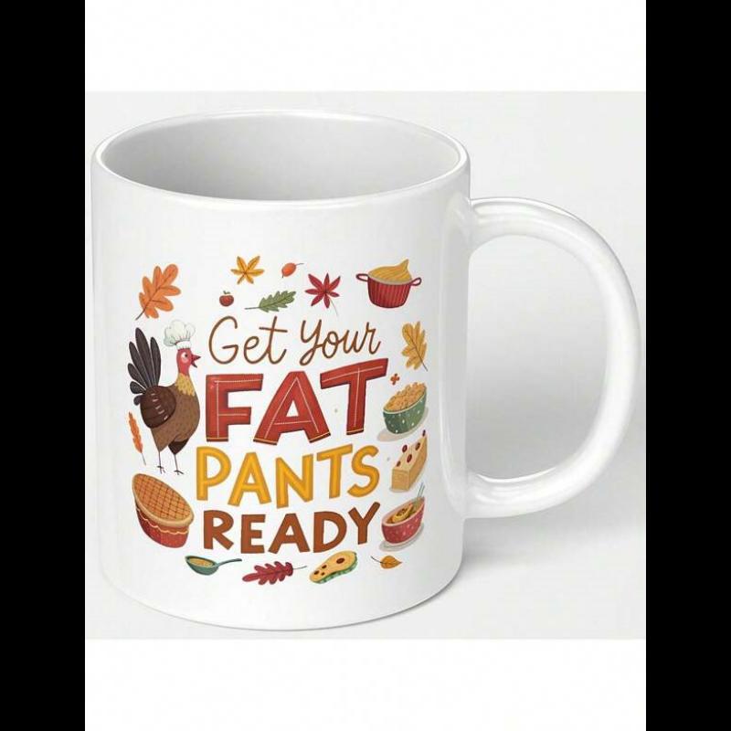 Tailorly White Ceramic 11 oz Mug - Get Your Fat Pants Ready Festive Turkey Wearing Chef Hat Among Autumn Leaves And Thanksgiving Food Mug