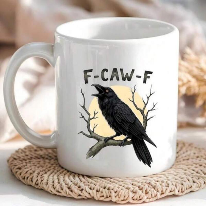 Tailorly White Ceramic 11 oz Mug - F Caw F Mystical Dark Bird Perched On Gnarled Bare Branch Against Full Moon Raven