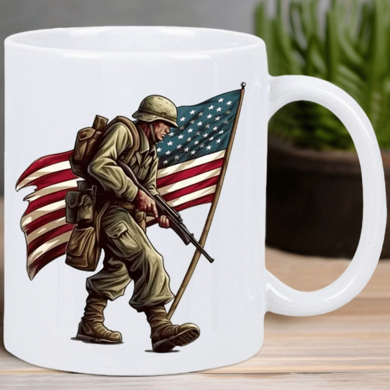 Tailorly White Ceramic 11 oz Mug - Brave Military Patriot Walking With Tattered American Flag Backdrop Patriotic Soldier