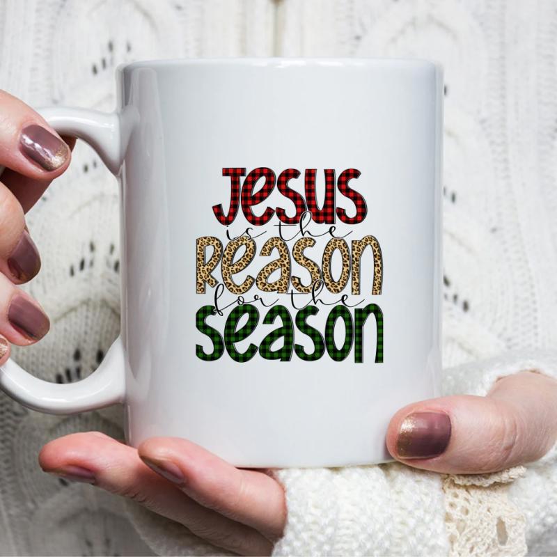 Tailorly White Ceramic 11 oz Mug - Jesus Is The Reason For The Season Festive Holiday Typography With Red And Green Plaid Pattern Mug