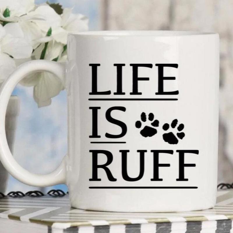 Tailorly White Ceramic 11 oz Mug - Life Is Ruff Simple Animal Paw Prints Set Between Horizontal Parallel Bold Lines Mug