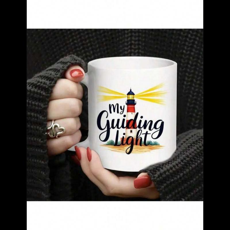 Tailorly White Ceramic 11 oz Mug - My Guiding Light Shining Beacon With Golden Rays Standing Over Serene Coastal Horizon Lighthouse