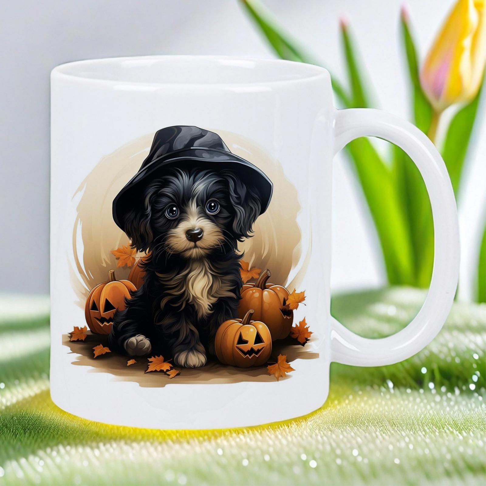 Tailorly White Ceramic 11 oz Mug - Adorable Fluffy Small Dog Wearing Witch Hat Among Harvest Halloween Pumpkins Puppy