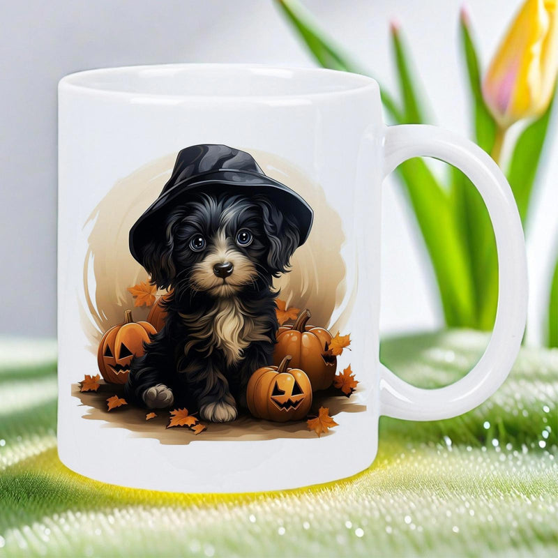 Tailorly White Ceramic 11 oz Mug - Adorable Fluffy Small Dog Wearing Witch Hat Among Harvest Halloween Pumpkins Puppy