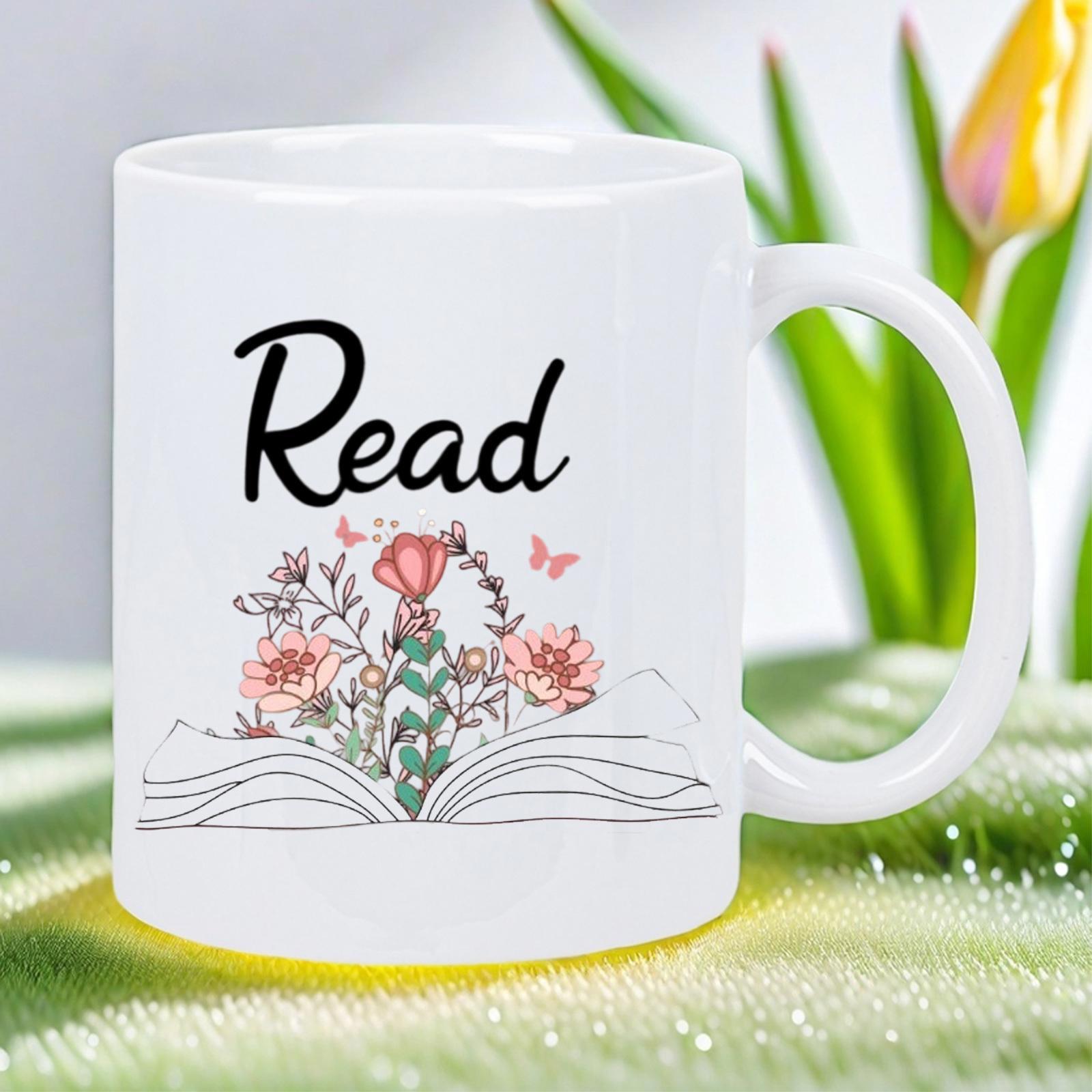 Tailorly White Ceramic 11 oz Mug - Read Open Blooming With Delicate Pink Flowers And Fluttering Butterflies Book