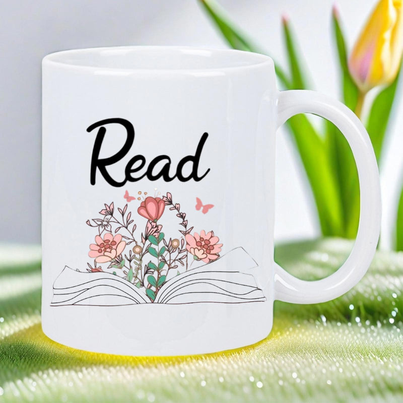 Tailorly White Ceramic 11 oz Mug - Read Open Blooming With Delicate Pink Flowers And Fluttering Butterflies Book