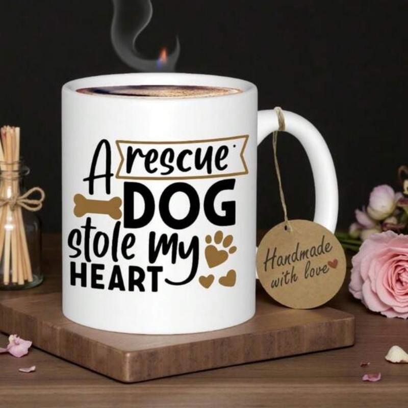 Tailorly White Ceramic 11 oz Mug - A Rescue Dog Stole My Heart Golden Artistic Paw Prints Featuring Little Hearts And Small Dog Bone Heart
