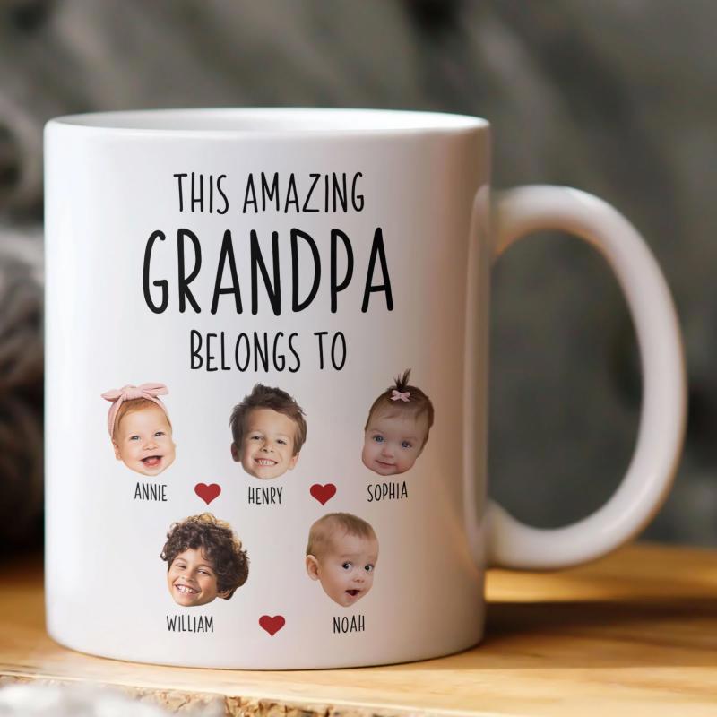 Tailorly White Ceramic 11 oz Mug - This Amazing Grandpa Belongs To Annie Henry Sophia William Noah Featuring Five Smiling Children Portrait Heads With Small Red