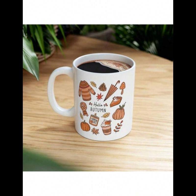 Tailorly White Ceramic 11 oz Mug - In Love With Autumn Warm Hand Drawn Seasonal Icons Featuring Cozy Sweaters And Pumpkins Leaves