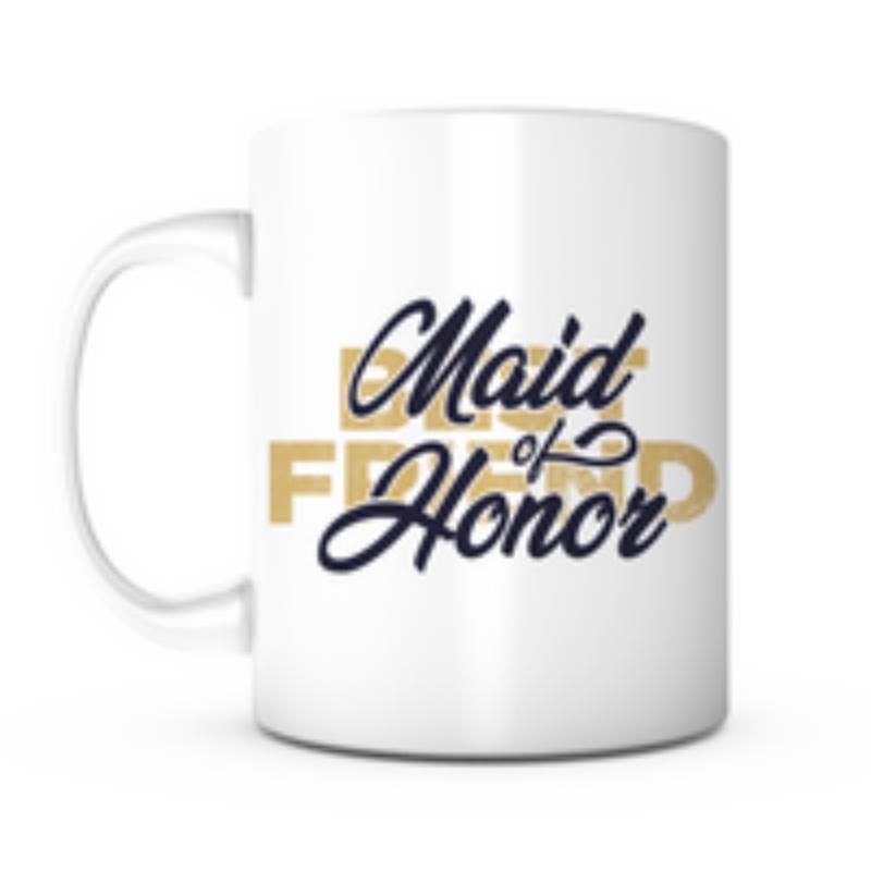 Tailorly White Ceramic 11 oz Mug - Maid Of Honor Best Friend Elegant Script Font Overlaid On Bold Golden Block Lettering Mug