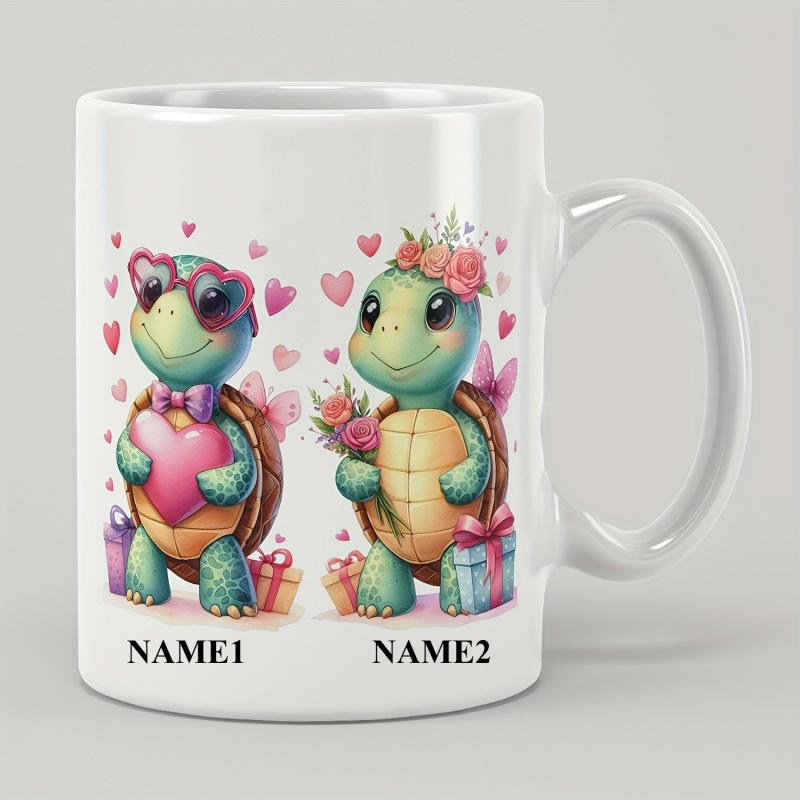Tailorly White Ceramic 11 oz Mug - Name1 Name2 Two Adorable Cartoon Turtles With Hearts And Flowers Among Colorful Gifts Turtle