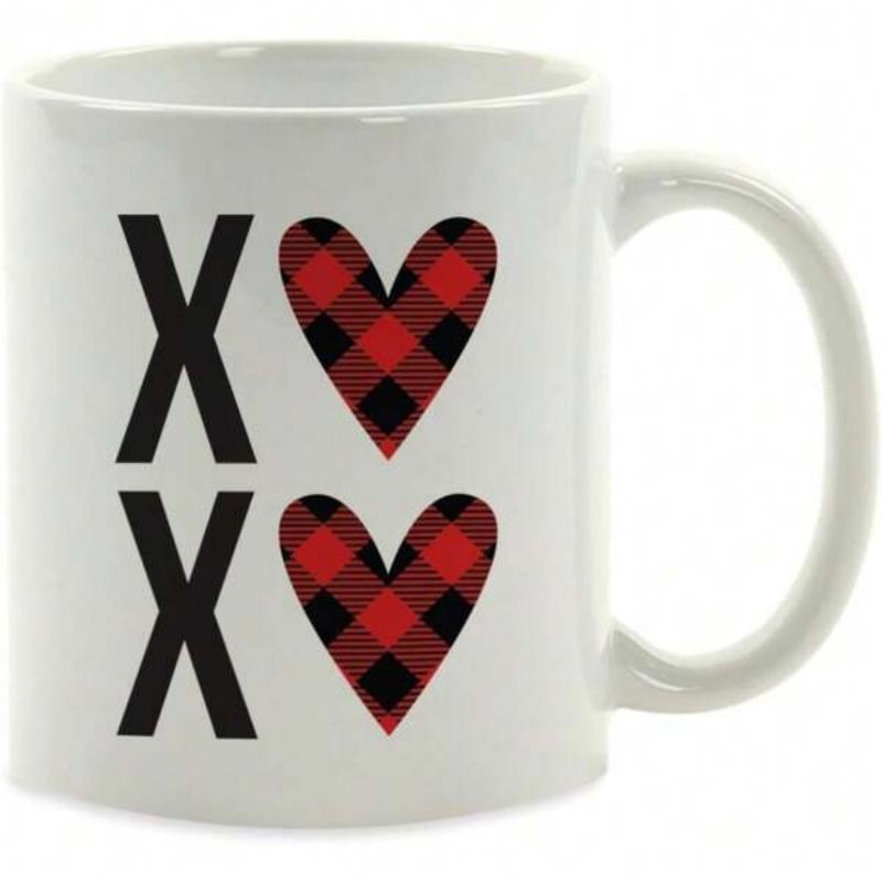 Tailorly White Ceramic 11 oz Mug - XX Red And Black Checkered Buffalo Plaid Pattern Stylized Decorative Heart