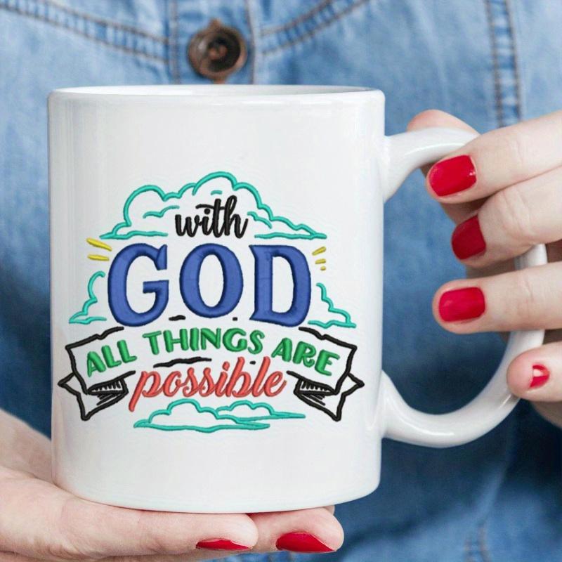 Tailorly White Ceramic 11 oz Mug - With God All Things Are Possible Artistic Teal Cloud Outlines And Decorative Graphic Banner With Sunlight Rays Mug