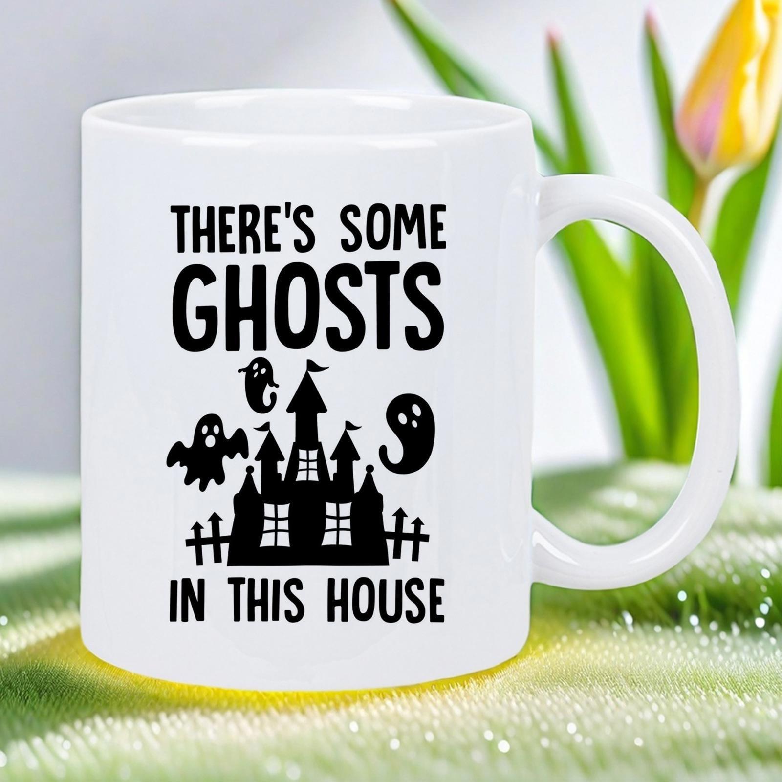 Tailorly White Ceramic 11 oz Mug - Theres Some Ghosts In This House Spooky Haunted Mansion With Playful Spirits Flying Over A Fence Castle