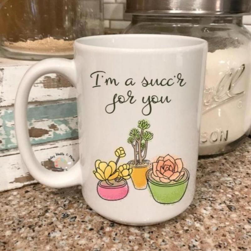 Tailorly White Ceramic 11 oz Mug - Im A Succr For You Vibrant Potted Plants Growing Inside Colorful Ceramic Bowls With Artistic Leaves Succulent