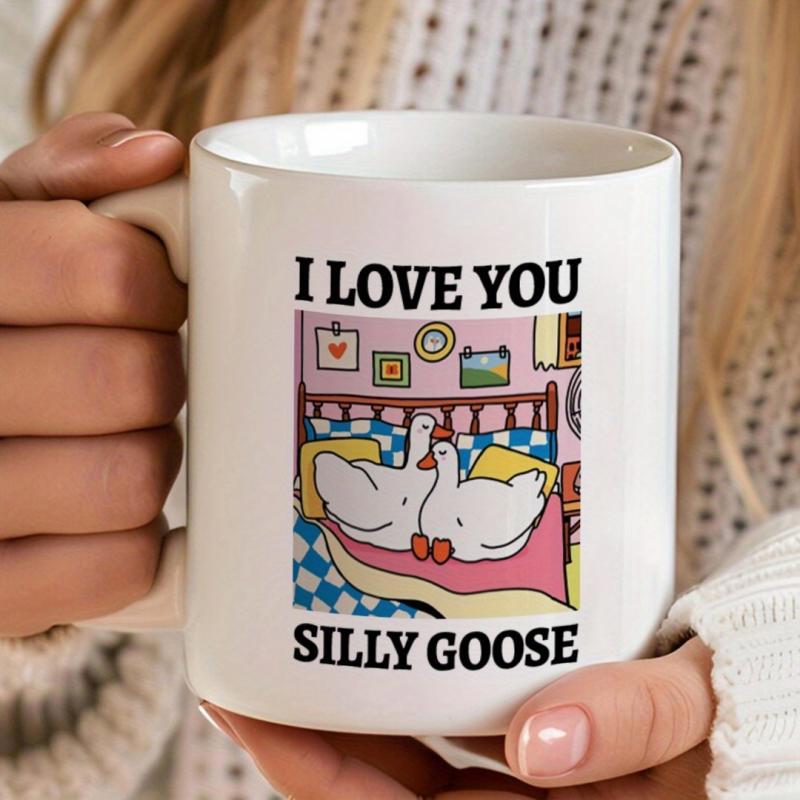 Tailorly White Ceramic 11 oz Mug - I Love You Silly Goose Whimsical Colorful Illustration Featuring Two Affectionate Geese In A Cozy Bed Goose