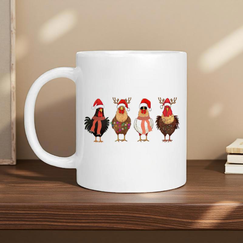 Tailorly White Ceramic 11 oz Mug - Four Festive Christmas Chickens Wearing Santa Hats And Warm Scarves Chicken
