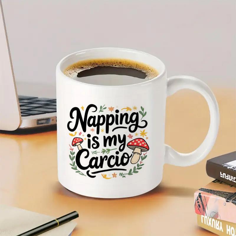 Tailorly White Ceramic 11 oz Mug - Napping Is My Cardio Red Mushroom Cap Surrounded By Autumn Leaves And Delicate Floral Sprigs Mushroom