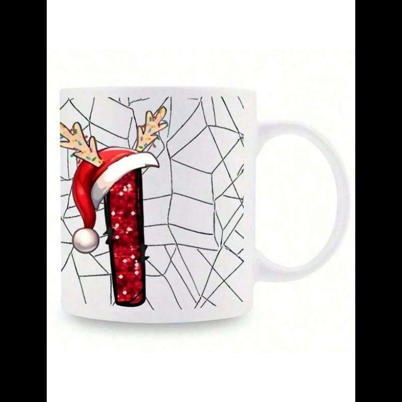 Tailorly White Ceramic 11 oz Mug - Red Sparkling Letter Wearing Reindeer Antlers And Festive Santa Hat Mug