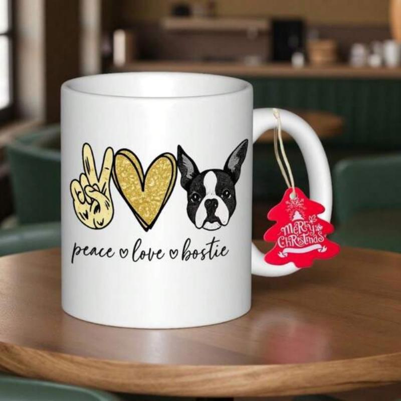 Tailorly White Ceramic 11 oz Mug - Peace Love Bostie Artistic Hand Drawn Symbols Of Heart And Cute Boston Terrier