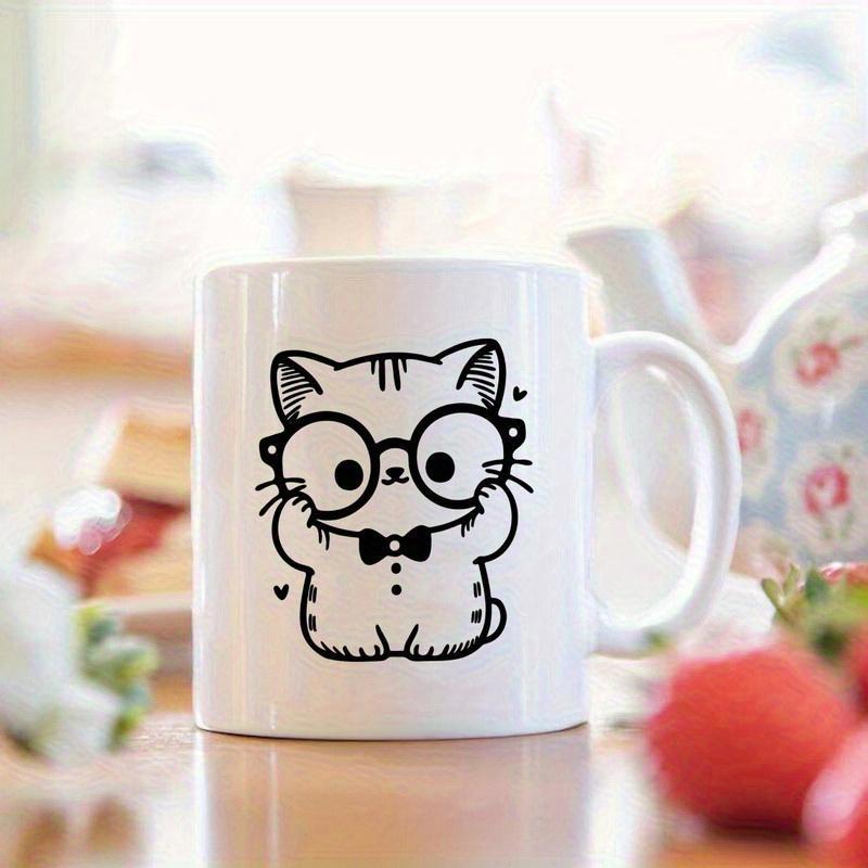 Tailorly White Ceramic 11 oz Mug - Adorable Cartoon Kitty Wearing Large Round Glasses And Small Dainty Bowtie Cat