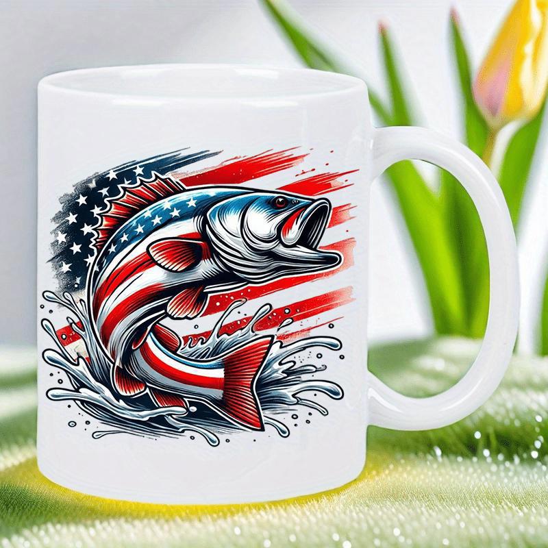 Tailorly White Ceramic 11 oz Mug - Patriotic American Flag Pattern Leaping Through Splashing Water Bass