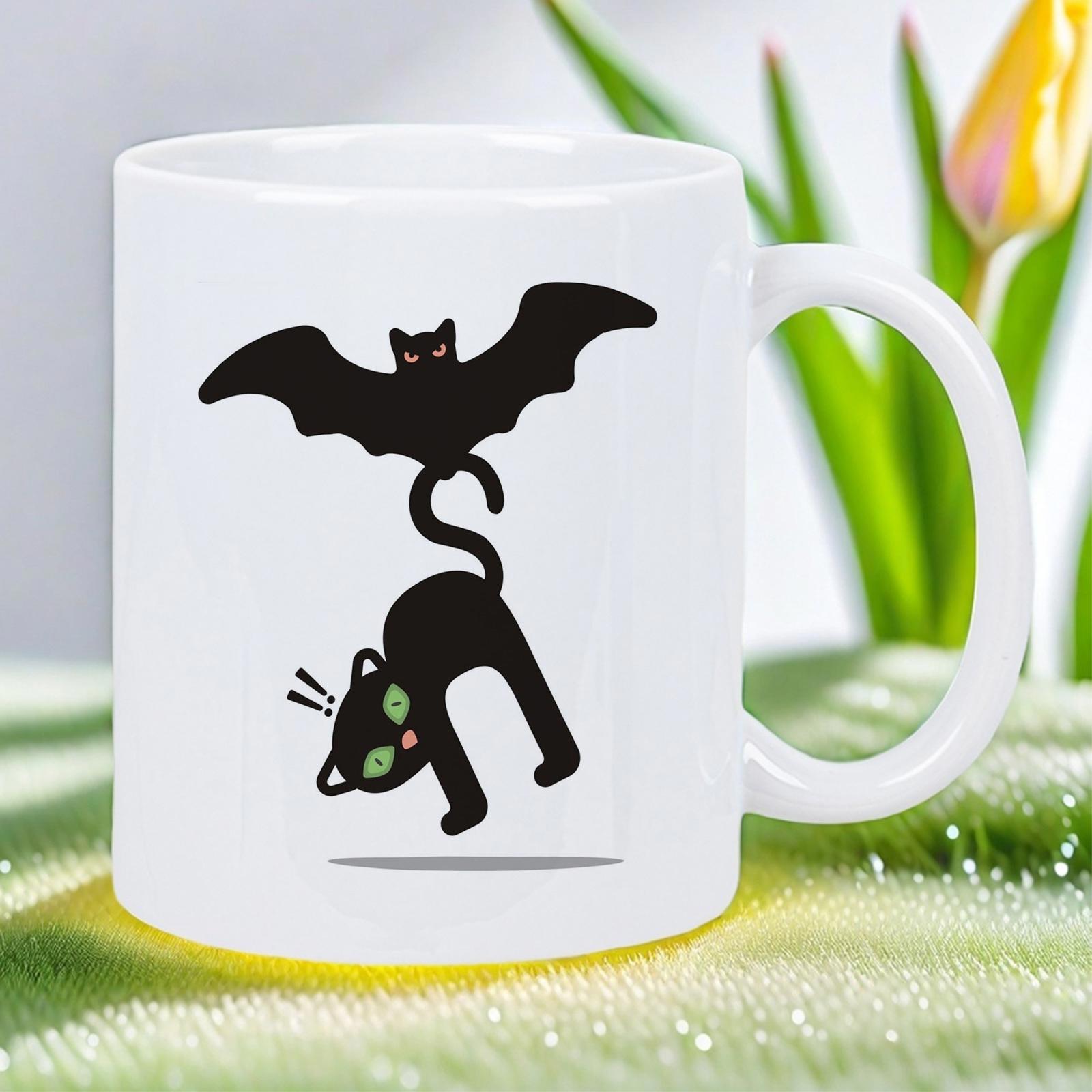 Tailorly White Ceramic 11 oz Mug - Spooky Bat Flying In Sky While Carrying A Silhouette Hanging Cat