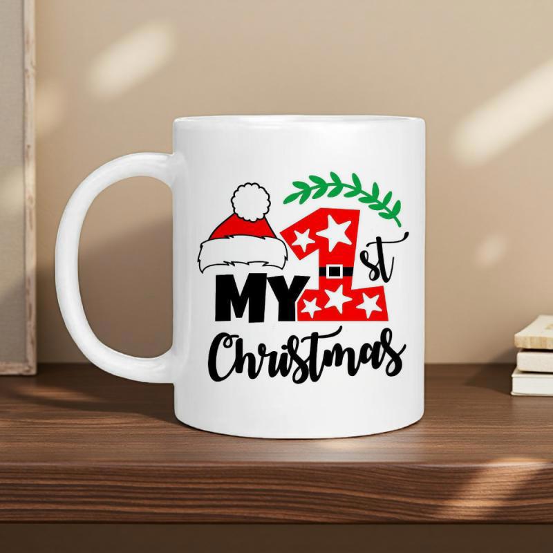 Tailorly White Ceramic 11 oz Mug - My 1st Christmas Festive Red Number One Featuring Santa Hat And Green Branch Mug