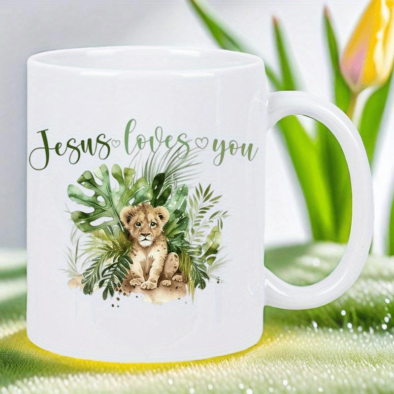 Tailorly White Ceramic 11 oz Mug - Jesus Loves You Cute Watercolor Cub Sitting Amongst Lush Tropical Jungle Monstera Leaves Lion