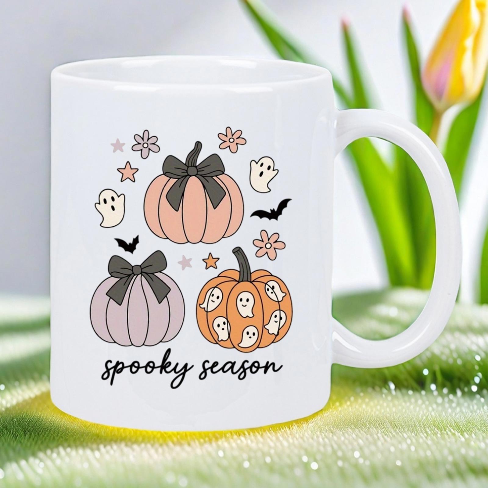 Tailorly White Ceramic 11 oz Mug - Spooky Season Charming Pastel Pumpkins Featuring Black Bows And Cute Tiny Ghosts Pumpkin