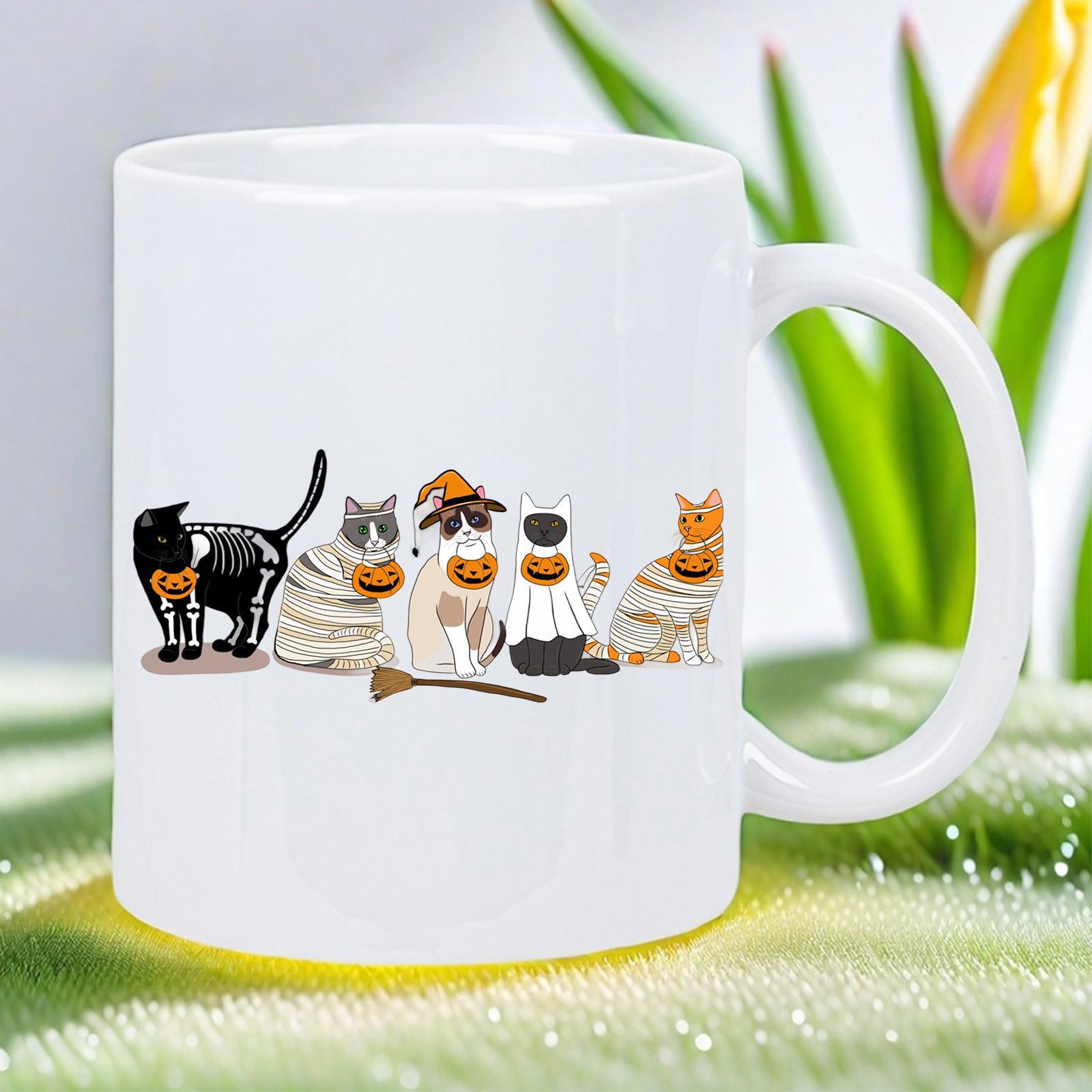 Tailorly White Ceramic 11 oz Mug - Spooky Halloween Kittens Wearing Cute Ghost Skeleton And Mummy Costumes Sitting Cat