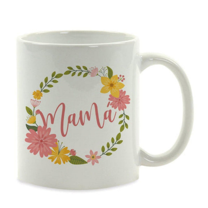 Tailorly White Ceramic 11 oz Mug - Colorful Spring Flowers And Green Leaves Arranged In A Circular Floral Wreath